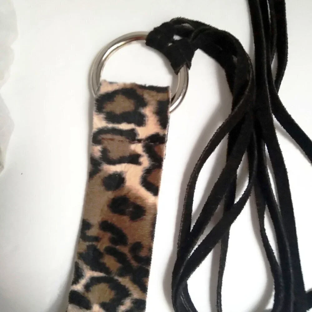 Silver Rings.Faux Leopard & Black Suede Fringe Tie Belt